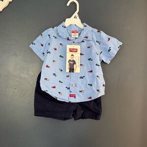 Wrangler Baby Toddler Blue Construction Vehicle Prints Button Down & Shorts Sets